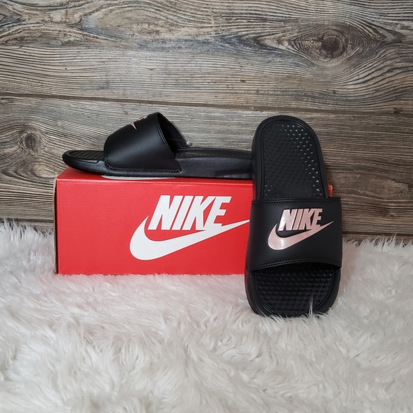 New Nike Benassi JDI Black Rose Gold Slide Sandals - Picture 7 of 7